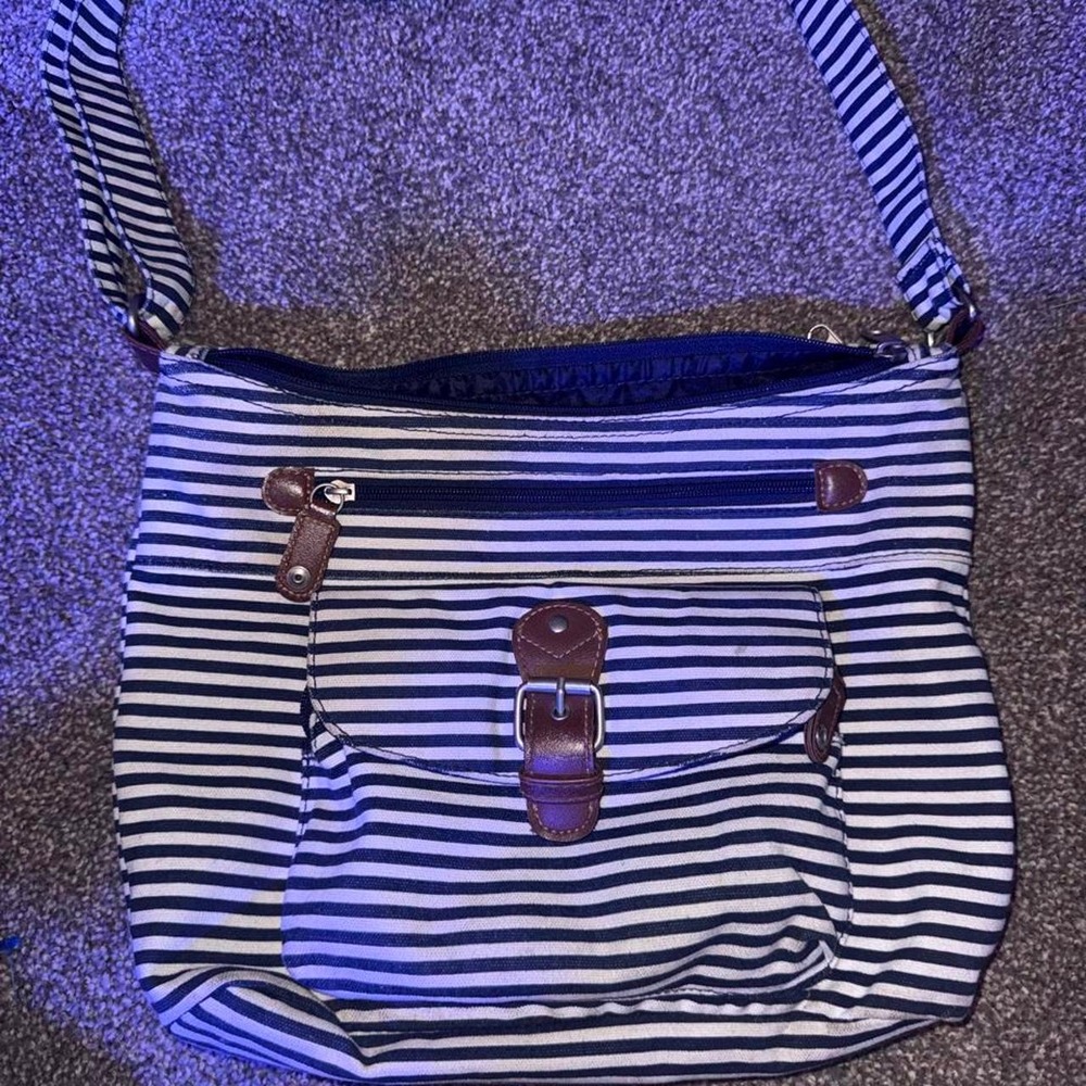 Nautical Navy White Striped Canvas Crossbody Bag Brown Leather Trim Buckle